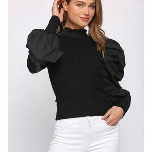 Black Puff Sleeve Ribbed Knit Top - Women